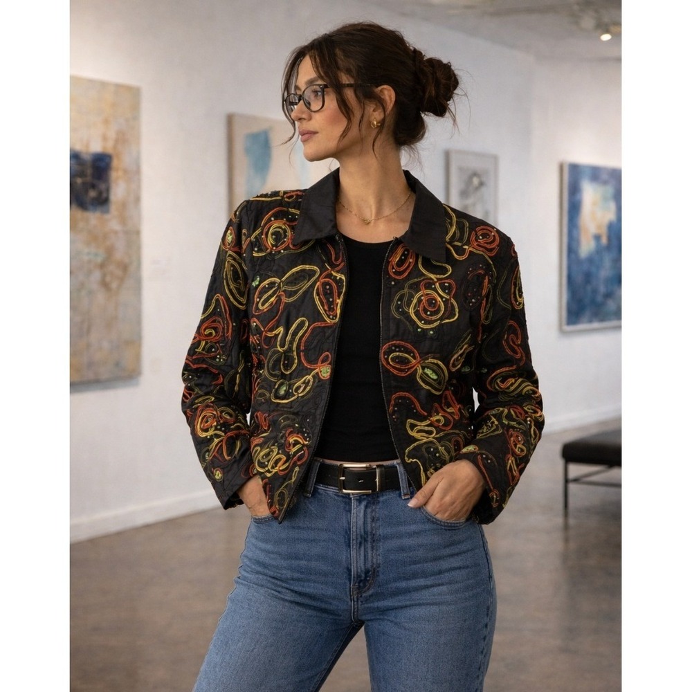 Vintage Abstract Silk Embroidered Jacket S Art‎ Teacher Wearable Art Maximalism